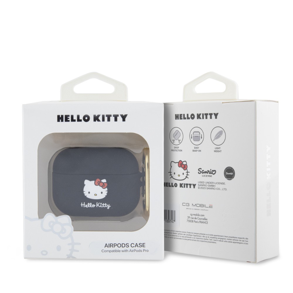 Coque AirPods Pro / Pro 2 - Hello Kitty silicone soft touch avec mousqueton doré intégré et logo en relief - Noir