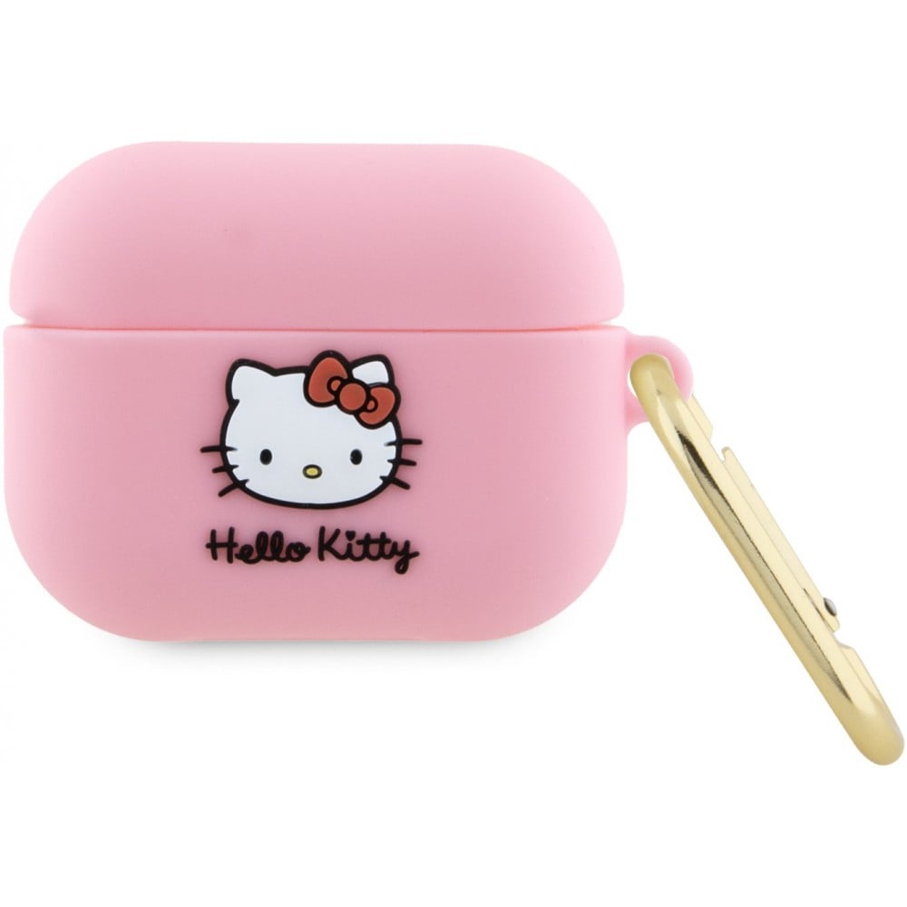 Coque AirPods Pro / Pro 2 - Hello Kitty silicone soft touch avec mousqueton doré intégré et logo en relief - Rose