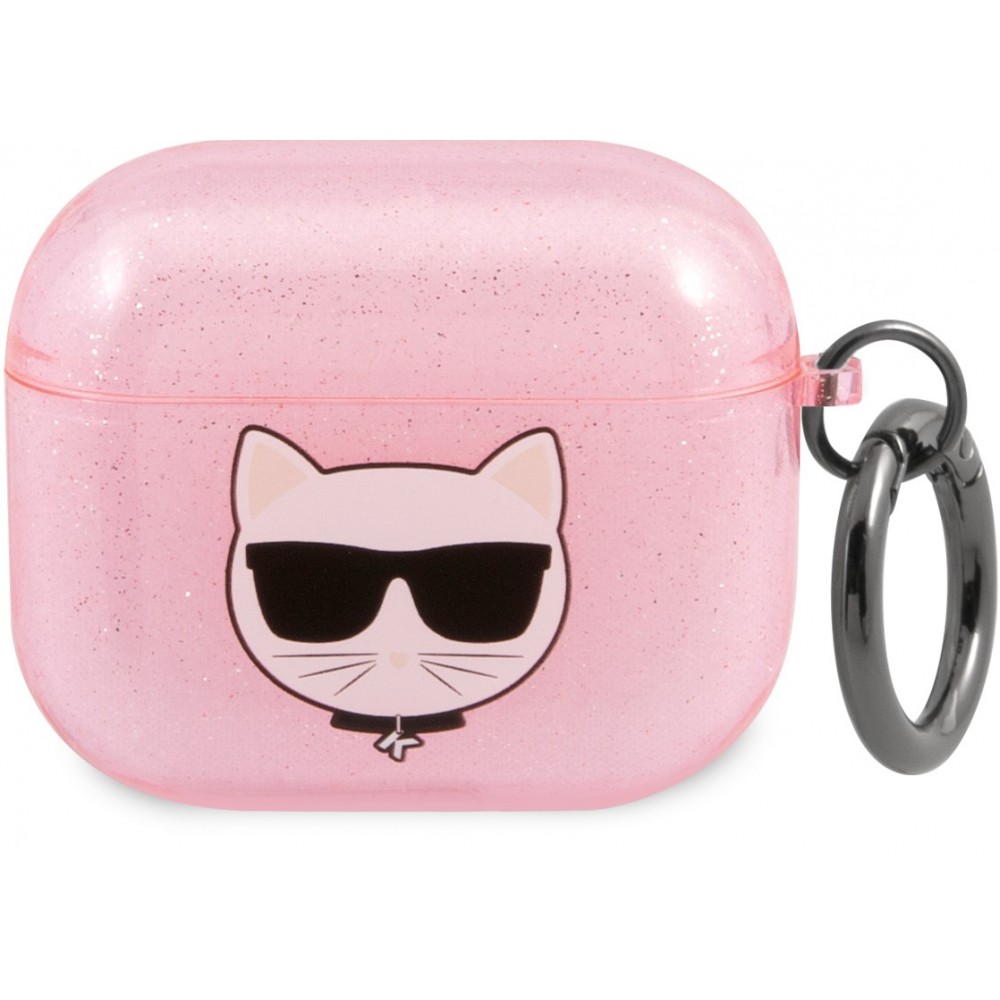 Coque AirPods Pro / Pro 2 - Karl Lagerfeld gel paillettes avec tête de Choupette - Rose