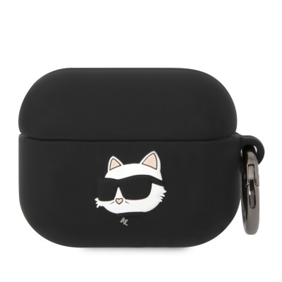 Coque AirPods Pro / Pro 2 - Karl Lagerfeld silicone soft touch avec tête de Choupette en relief - Noir