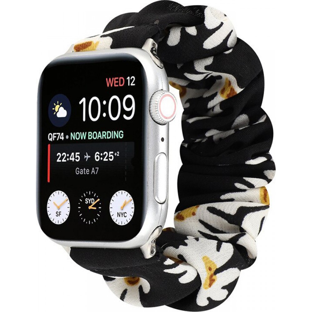 Stoff Ersatz Armband Scrunchie blumen schwarz - Apple Watch 42mm / 44mm / 45mm