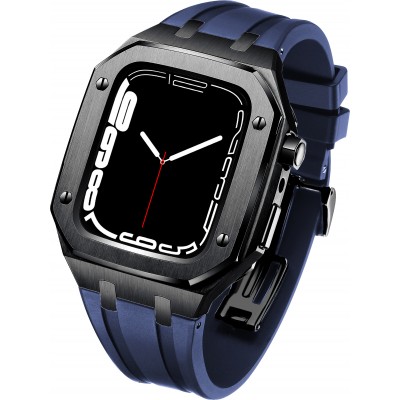Coque Apple Watch 45 mm - Boîtier en acier 316L et bracelet en silicone - Noir / Bleu foncé