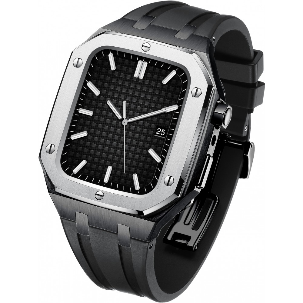Apple Watch 44 mm Case Hülle - Schutzgehäuse aus Edelstahl 316L mit Silikonarmband - Silber / Schwarz