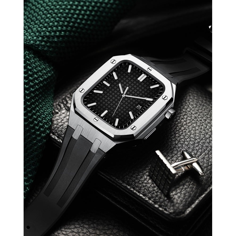Coque Apple Watch 44 mm - Boîtier en acier 316L et bracelet en silicone - Argent / Noir