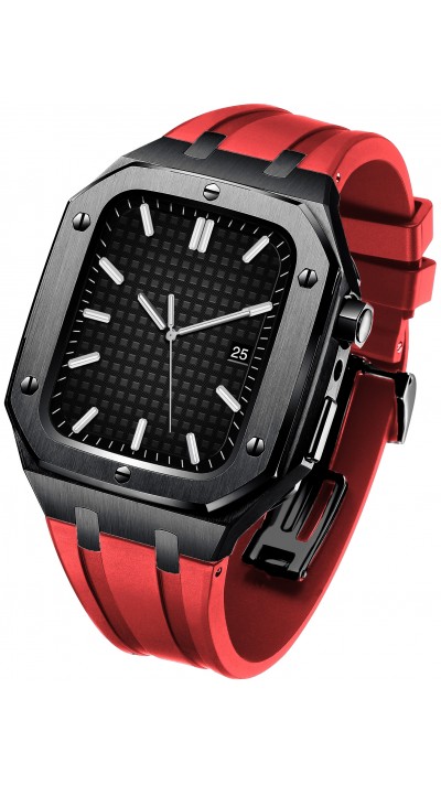 Apple Watch 44 mm Case - Schutzgehäuse aus Edelstahl 316L mit Silikonarmband - Schwarz / Rot