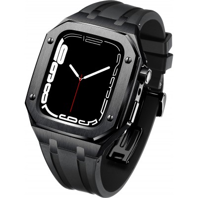 Coque Apple Watch 45 mm - Boîtier en acier 316L et bracelet en silicone - Noir / Noir