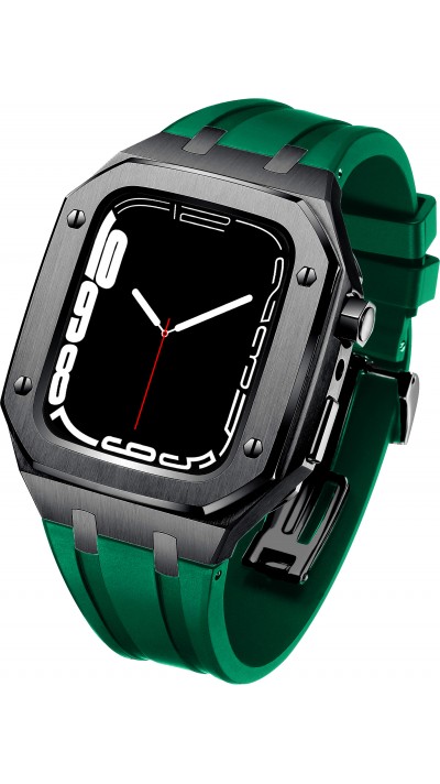 Coque Apple Watch 45 mm - Boîtier en acier 316L et bracelet en silicone - Noir / Vert