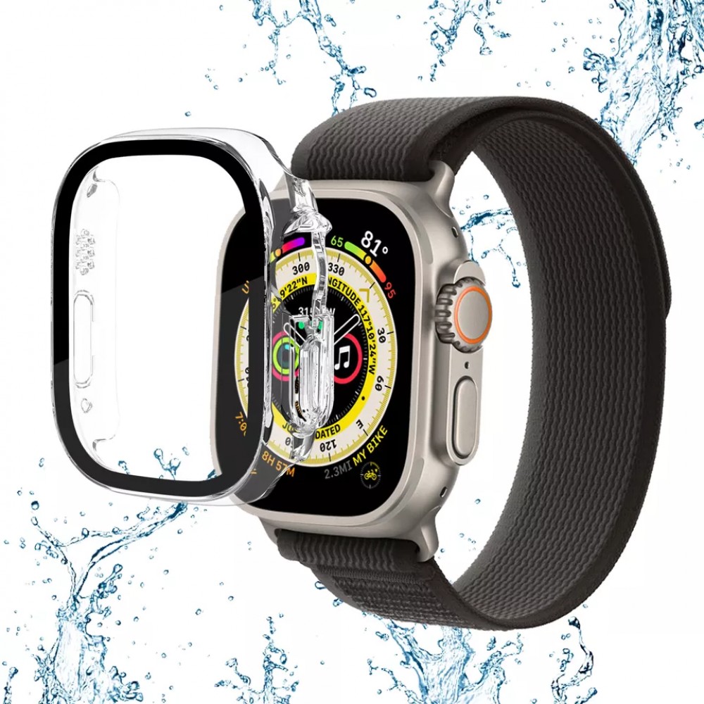 Coque Apple Watch Ultra 49 mm - Coque en plastique rigide avec vitre de protection Tempered Glass intégrée - Transparent