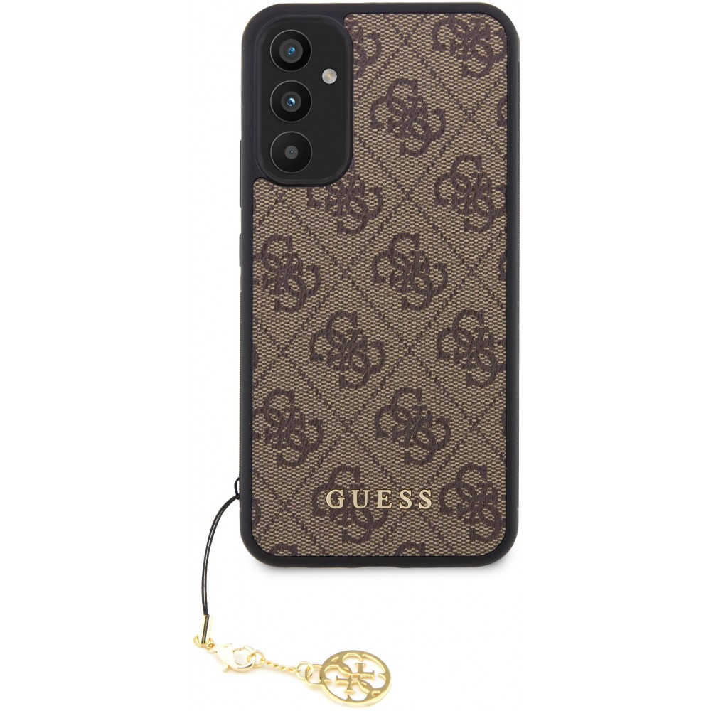 Coque Samsung Galaxy A34 5G - Guess toile similicuir monogramme logo métallique doré avec pendentif charm - Brun