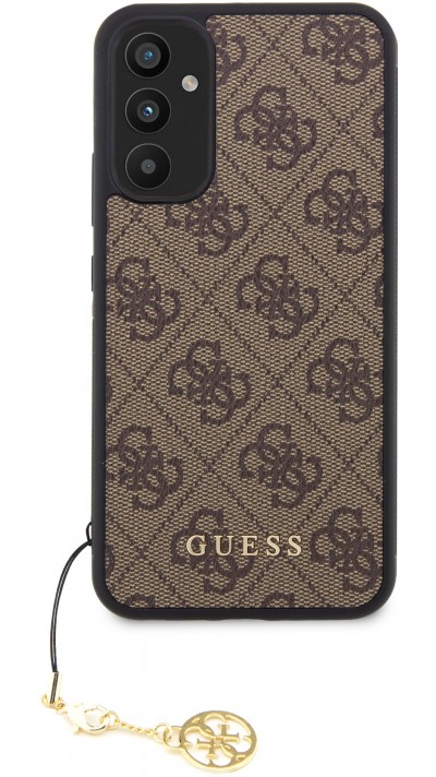 Coque Samsung Galaxy A34 5G - Guess toile similicuir monogramme logo métallique doré avec pendentif charm - Brun