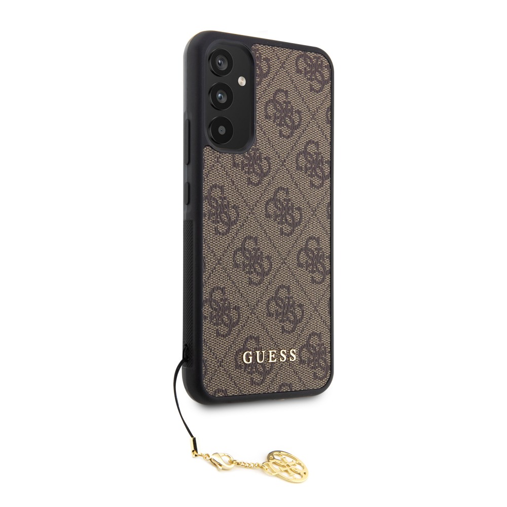 Samsung Galaxy A34 5G Case Hülle - Guess Leinwand Kunstleder Monogramm goldenen Metall-Logo mit Charm Anhänger - Braun