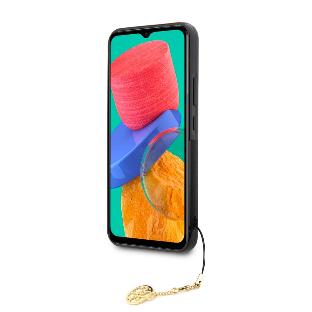 Samsung Galaxy A34 5G Case Hülle - Guess Leinwand Kunstleder Monogramm goldenen Metall-Logo mit Charm Anhänger - Braun