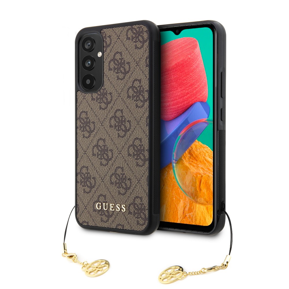 Samsung Galaxy A34 5G Case Hülle - Guess Leinwand Kunstleder Monogramm goldenen Metall-Logo mit Charm Anhänger - Braun