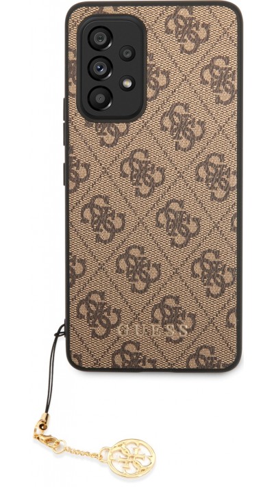 Coque Samsung Galaxy A53 5G - Guess toile similicuir monogramme logo métallique doré avec pendentif charm - Brun