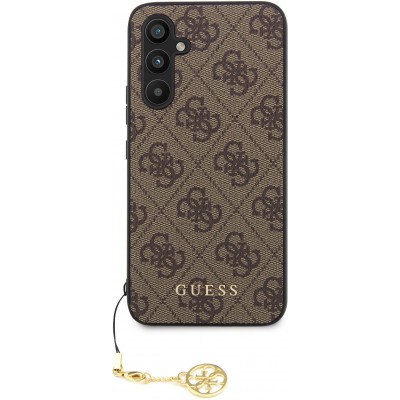 Samsung Galaxy A54 5G Case Hülle - Guess Leinwand Kunstleder Monogramm goldenen Metall-Logo mit Charm Anhänger - Braun