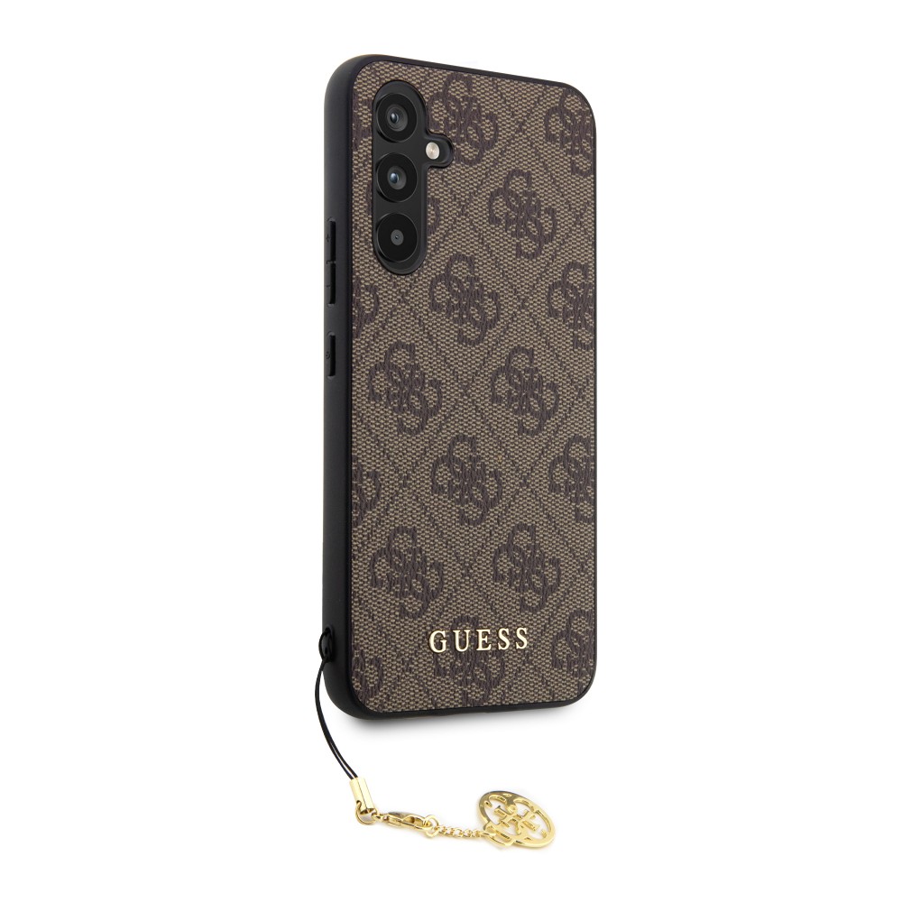 Coque Samsung Galaxy A54 5G - Guess toile similicuir monogramme logo métallique doré avec pendentif charm - Brun