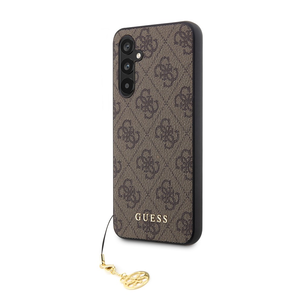 Coque Samsung Galaxy A54 5G - Guess toile similicuir monogramme logo métallique doré avec pendentif charm - Brun