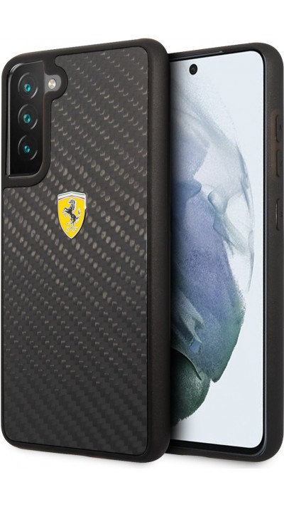 Coque Samsung Galaxy S21 FE 5G - Ferrari carbone véritable avec logo Scuderi Ferrari métallique - Noir