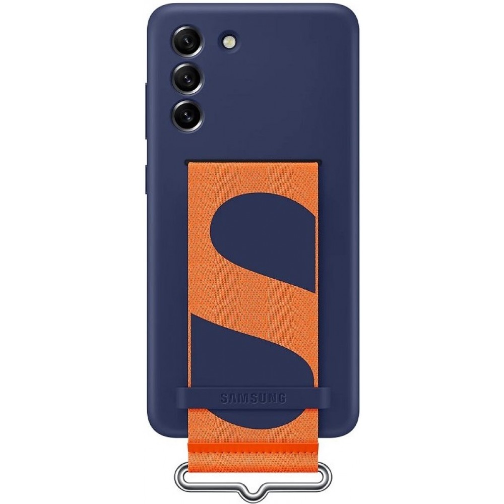 Coque Samsung Galaxy S21 FE 5G - Originale en silicone soft touch avec lanière orange en tissu intégrée - Bleu foncé