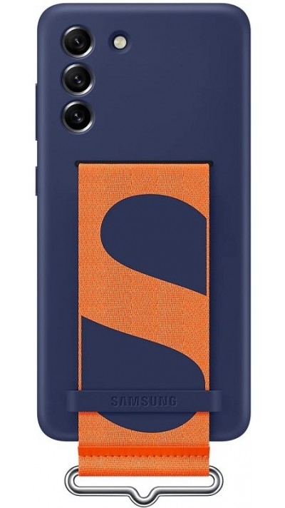 Coque Samsung Galaxy S21 FE 5G - Originale en silicone soft touch avec lanière orange en tissu intégrée - Bleu foncé