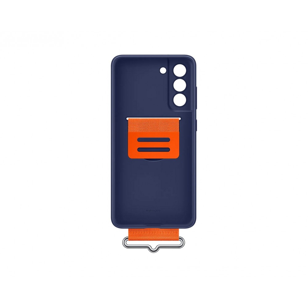 Galaxy S21 FE 5G Case Hülle - Original aus Soft-Touch-Silikon mit integriertem orangem Stoffriemen - Dunkelblau