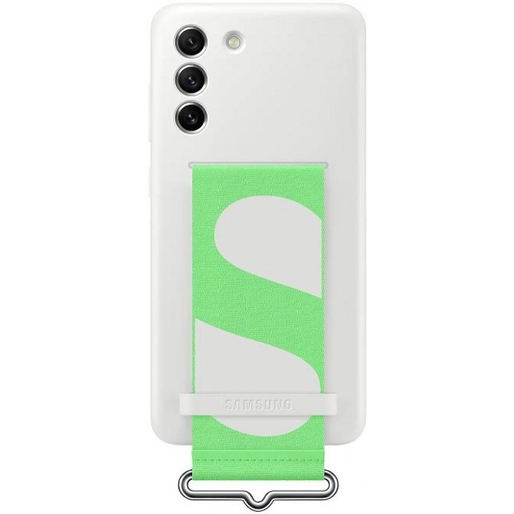 Galaxy S21 FE 5G Case Hülle - Original aus Soft-Touch-Silikon mit integriertem grünem Stoffriemen - Weiss