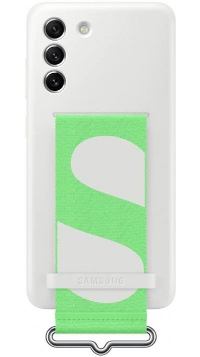 Coque Samsung Galaxy S21 FE 5G - Originale en silicone soft touch avec lanière verte en tissu intégrée - Blanc