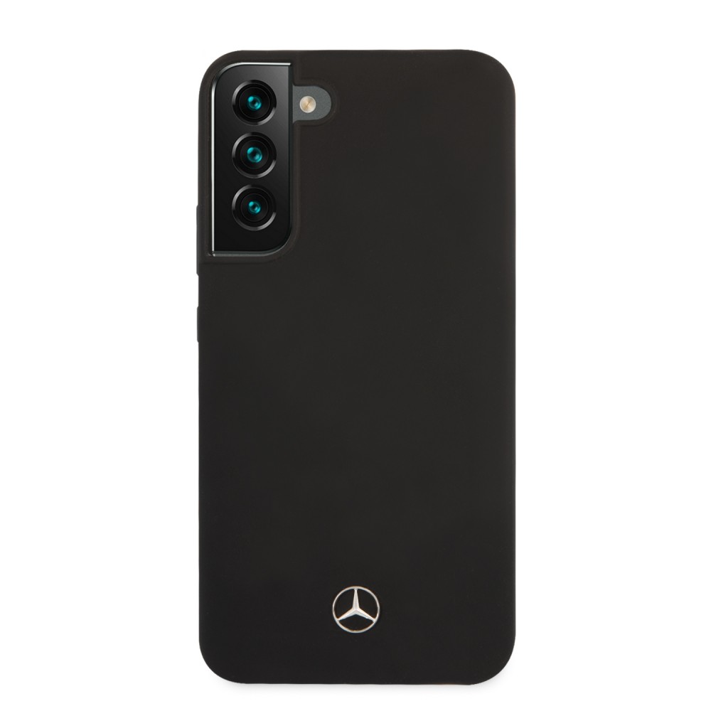 Coque Samsung Galaxy S22 - Mercedes officielle en silicone soft touch et logo métallique en relief - Noir