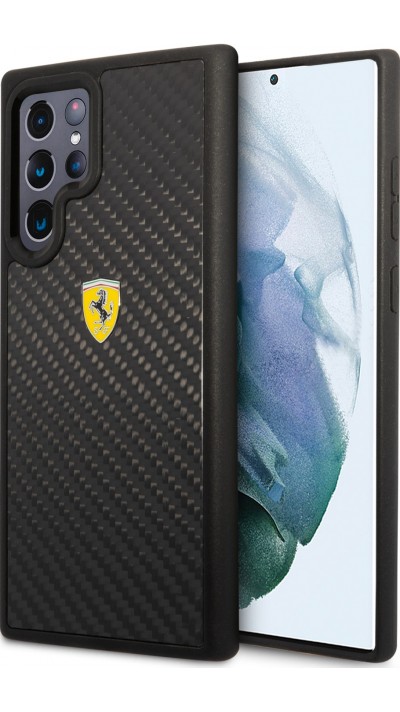 Coque Samsung Galaxy S22 Ultra - Ferrari carbone véritable avec logo Scuderi Ferrari métallique  - Noir