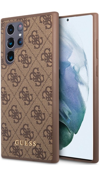 Coque Samsung Galaxy S22 Ultra - Guess toile similicuir avec logo métallique doré en relief - Brun