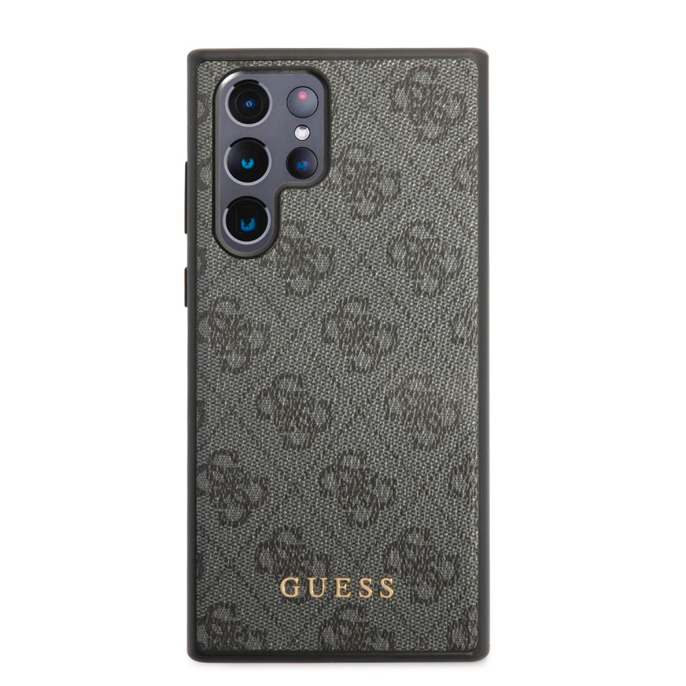 Coque Samsung Galaxy S22 Ultra - Guess toile similicuir avec logo métallique doré en relief - Noir