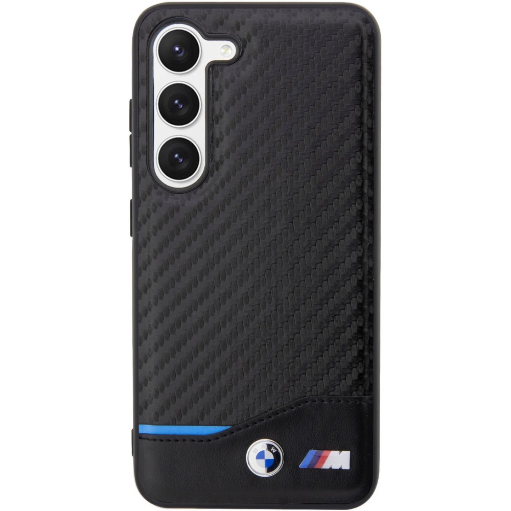 Samsung Galaxy S23 Case Hülle - BMW M Karbon-Effekt und Leder mit geprägtem Metall-Logo - Schwarz