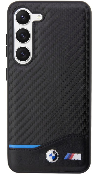 Coque Samsung Galaxy S23 - BMW M effet carbone et cuir avec logo métallique en relief - Noir