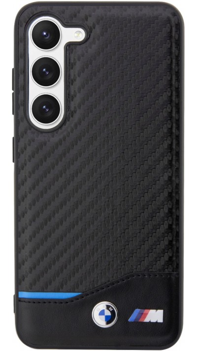 Samsung Galaxy S23 Case Hülle - BMW M Karbon-Effekt und Leder mit geprägtem Metall-Logo - Schwarz