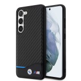 Samsung Galaxy S23 Case Hülle - BMW M Karbon-Effekt und Leder mit geprägtem Metall-Logo - Schwarz