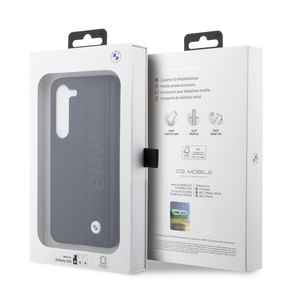 Coque Samsung Galaxy S23+ - BMW Signature Collection avec bandeau en cuir véritable et logo métallique - Noir