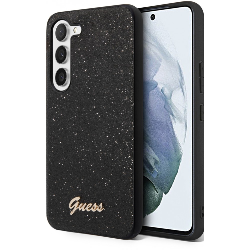 Coque Samsung Galaxy S23+ - Guess paillettes noir avec logo en métal doré - Noir