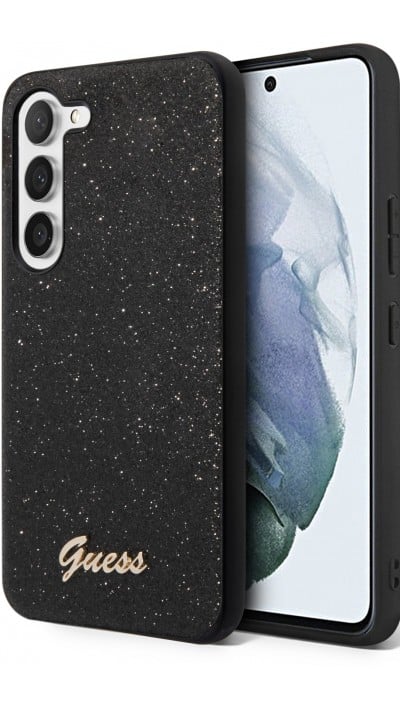 Coque Samsung Galaxy S23 - Guess paillettes noir avec logo en métal doré - Noir