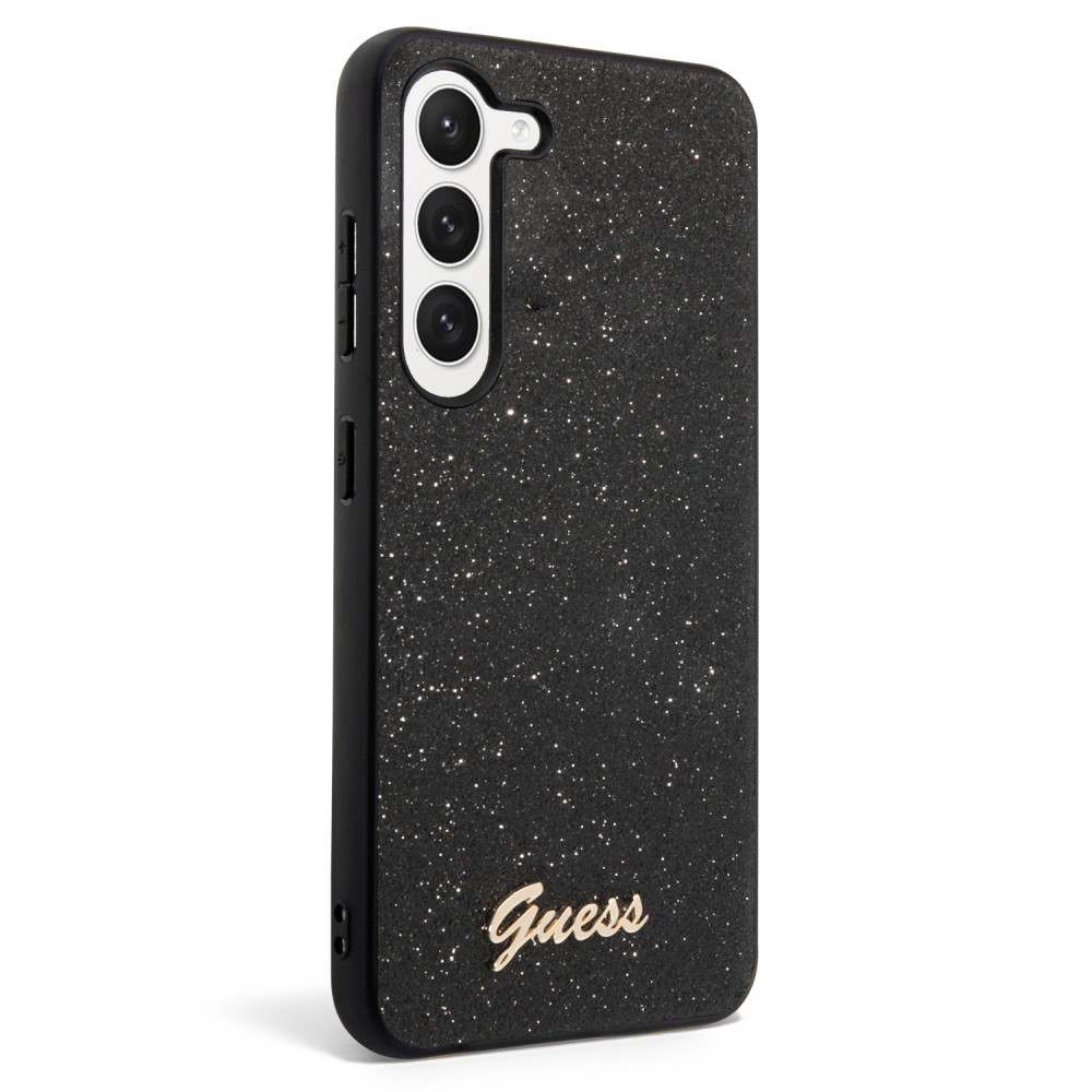 Coque Samsung Galaxy S23+ - Guess paillettes noir avec logo en métal doré - Noir