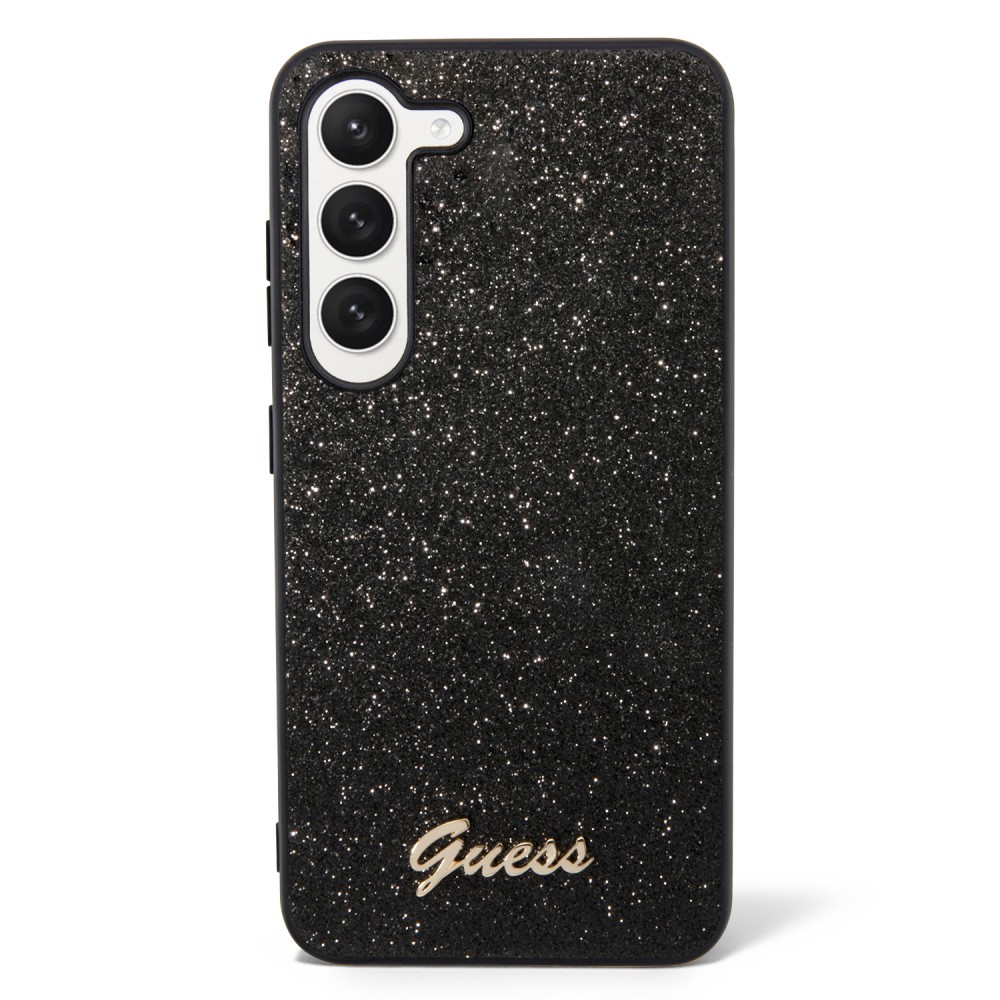 Coque Samsung Galaxy S23 - Guess paillettes noir avec logo en métal doré - Noir