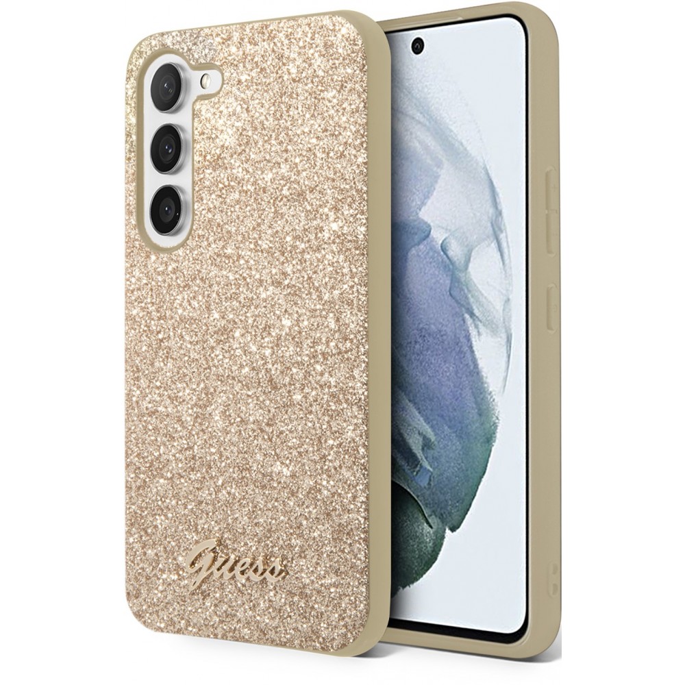 Samsung Galaxy S23+ Case Hülle - Guess Gold Glitter mit goldenem Metalllogo - Gold