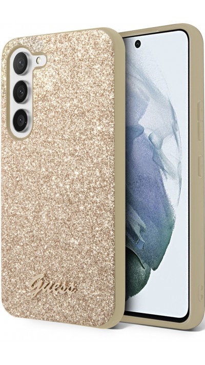 Coque Samsung Galaxy S23 - Guess paillettes or avec logo en métal doré - Or