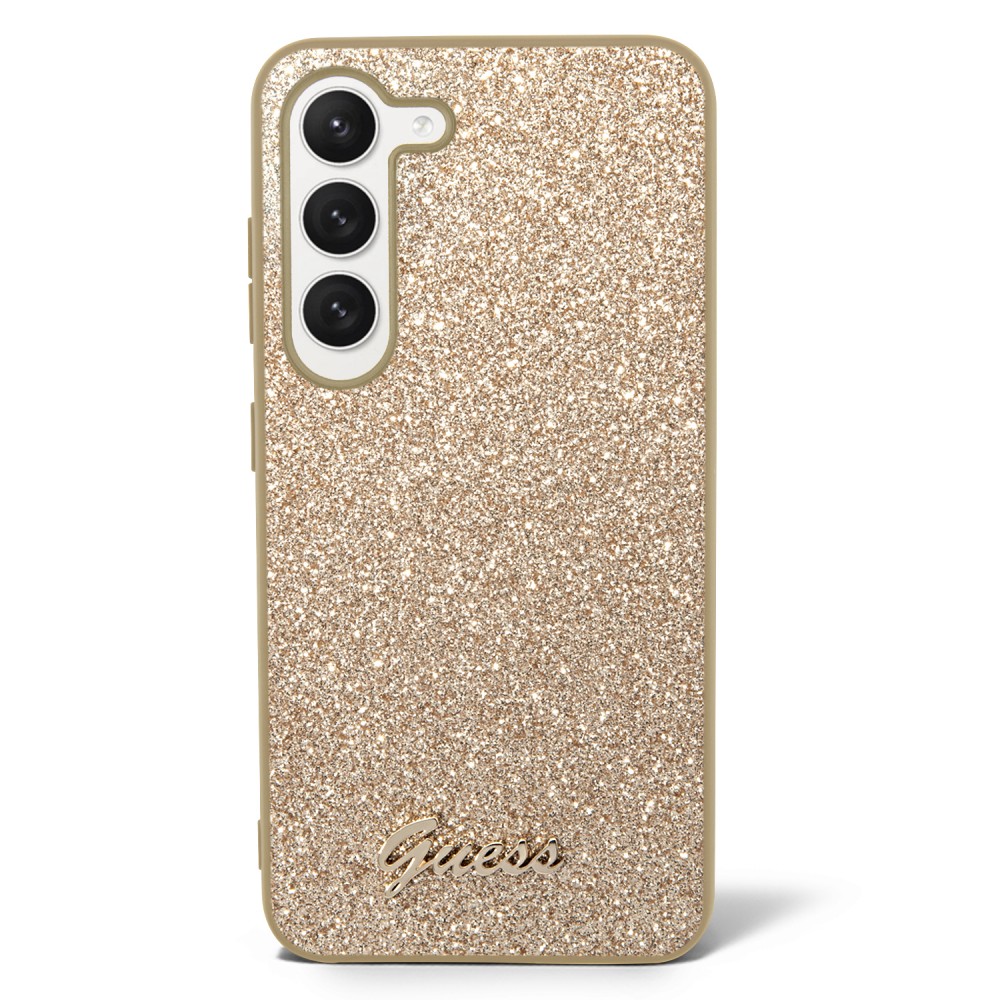 Coque Samsung Galaxy S23+ - Guess paillettes or avec logo en métal doré - Or