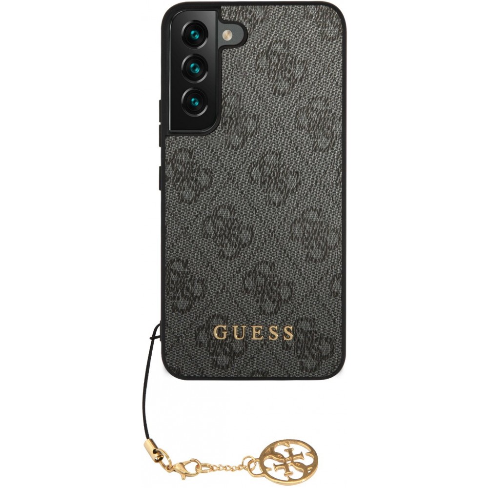 Coque Samsung Galaxy S23+ - Guess toile similicuir monogramme logo métallique doré avec pendentif charm - Noir