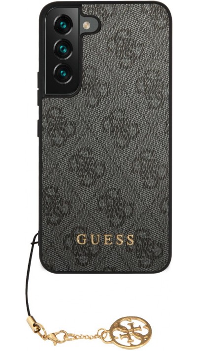 Coque Samsung Galaxy S23 - Guess toile similicuir monogramme logo métallique doré avec pendentif charm - Noir