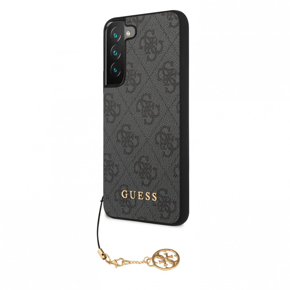 Coque Samsung Galaxy A35 5G - Guess toile similicuir monogramme logo métallique doré avec pendentif charm - Noir
