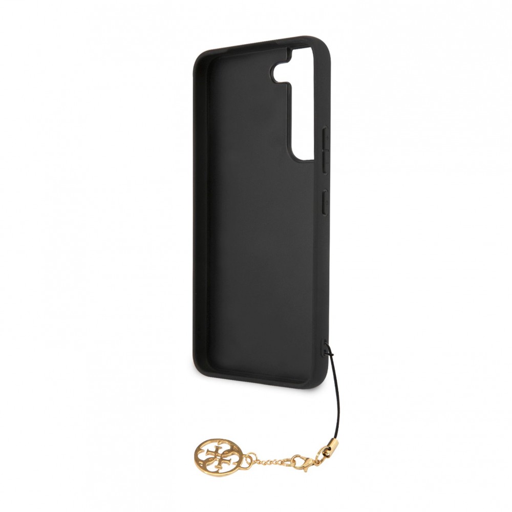 Samsung Galaxy S24+ Case Hülle - Guess Leinwand Kunstleder Monogramm goldenen Metall-Logo mit Charm Anhänger - Schwarz