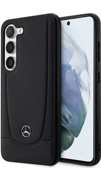 Coque Samsung Galaxy S23 - Mercedes cuir véritable design siège automobile avec perforation et logo métallique - Noir