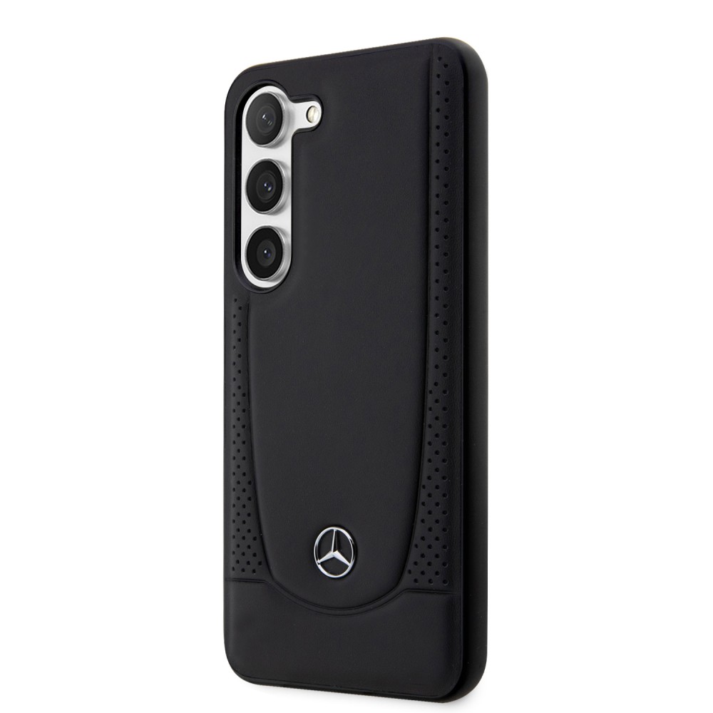 Coque Samsung Galaxy S23 - Mercedes cuir véritable design siège automobile avec perforation et logo métallique - Noir