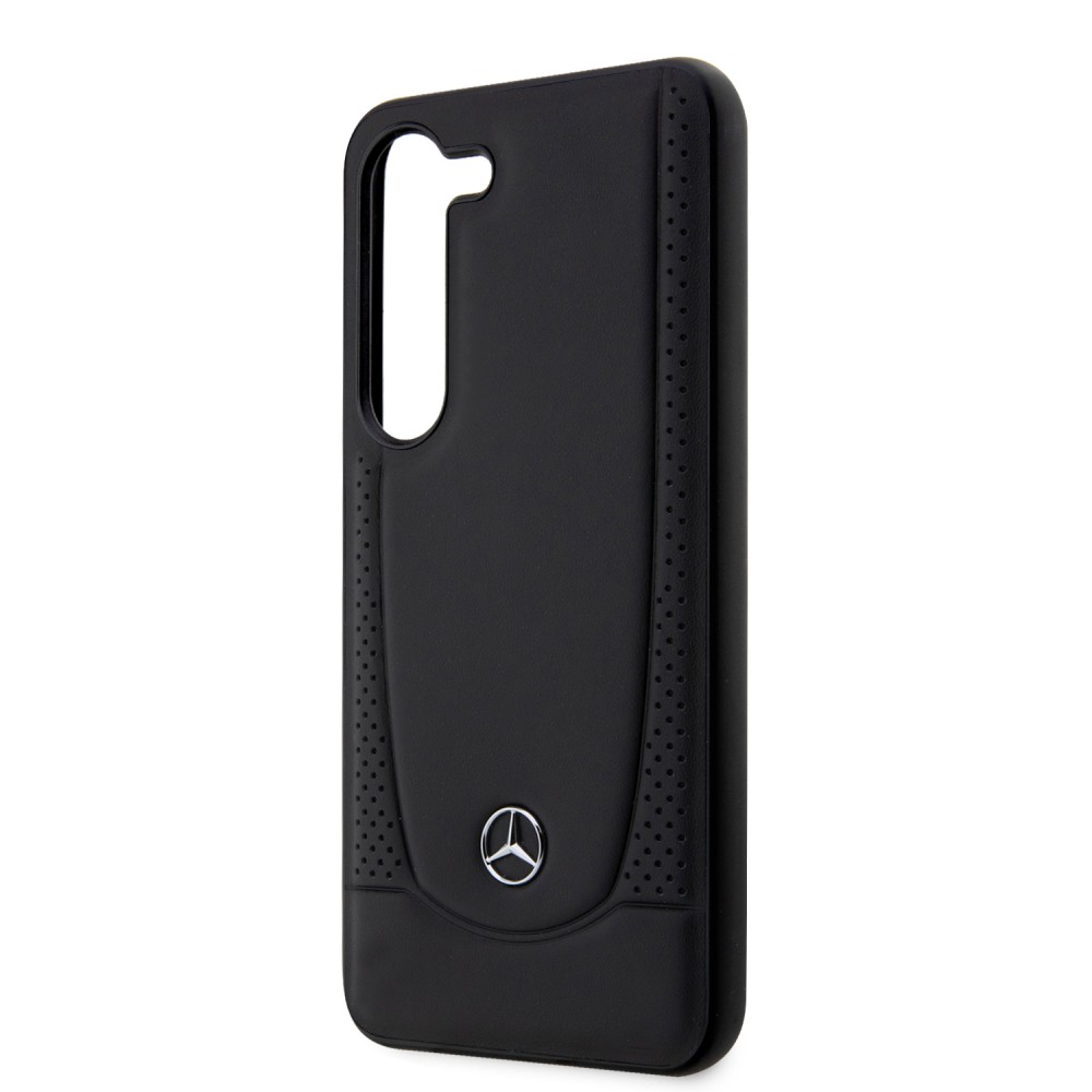 Coque Samsung Galaxy S23 - Mercedes cuir véritable design siège automobile avec perforation et logo métallique - Noir